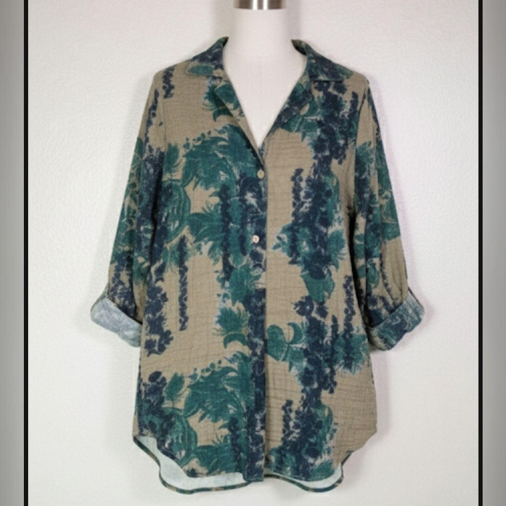 Soft Surroundings Olive Green Tan Floral Verdure Texture Pullover Button Sz M 81